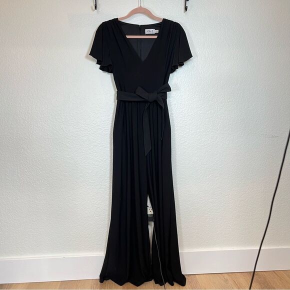 Eliza J Flutter Sleeve V-Neck Belted Wide Leg Jumpsuit in Black size 4 - Picture 4 of 15